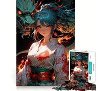 Anime Girl with Dragon Jigsaw Puzzles 1000 Mental Focus Game Precision Cut Smooth Edges Meaningful Connection Building Game (38x26cm)
