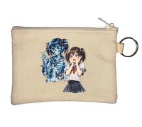Anime Girl with Glitchy Skeleton Key Chain Coin Purse Beige