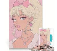 Anime Girl with Pink Bow 1000-piece Jigsaw Puzzles Brain Training Fun Tight Interlock No Gaps Bonding Activity for Loved Ones (38x52cm)