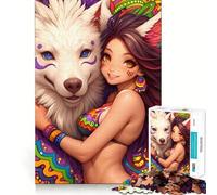 Anime Girl with White Wolf 1000 Pieces Puzzles for Adults Strong Memory Quality Print Fun Challenge Night Fun (38x52cm)
