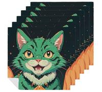 Anime Green Cat Cloth Napkin for Restaurant, Reusable Cloth Napkins for Hotel, Washable Square Table Napkins 6 PCS for Kitchen, Soft Dinner Napkin for Wedding, Party