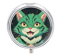 Anime Green Cat Pill Box 3 Compartment Small, Personalized Pill Organizer with Mirror, Portable Pill Case for Pocket Or Purse, Round Pill Containe Travel Gifts, Pill Holder