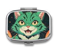 Anime Green Cat Pill Box with 2 Compartments, Portable Pill Organizer for Pocket or Purse, Decorative Metal Medicine and Vitamins Organizer