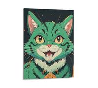 Anime Green Cat Wall Art Canvas Painting for Home, Personalized Pictures for Office Decor, Funny Poster Artwork for Hallway, Lightweight Art Prints for Living Room, Bedroom 16x20inch(41x51cm)
