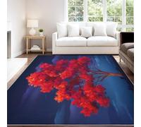 Anime Japanese Style Calm Brilliant Autumn Area rug 160 x 230 cm, Blue Red Maple Tree Autumn Leaves Short Pile Indoor Carpet for Teen Bedroom, Non Slip Washable Carpet