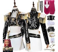 Anime K-pop Mira Cosplay Kostüm Outfit Zoe Rumi Rollenspiel Uniform Komplettes Set Halloween Party Karneval Dress Up Anzug mit Perücke Ohrringe für Frauen (Schwarz, 130)