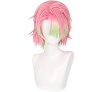 Anime Kanroji Mitsuri Cosplay Wig, Pink Green Short Hair Wigs Halloween Party Props Accessories