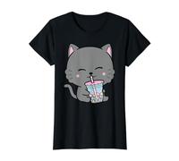 Anime Kawaii Cat Drinking Boba Bubble Tea Cute Japanese Neko Value Graphic T-Shirt, Women, Black, XL