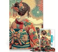 Anime Kimono Girl Watching Fireworks Teenagers 1000 Piece Jigsaw Puzzle Brain Teaser Bright Print Family Pastime Xmas Present (38x52cm)