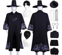 Anime KPop Demon Hunters Jinu New Skin Cosplay Costume Outfit Romance Role Play Uniform Full Set Halloween Party Carnival Dress Up Suit with Wig Hat Earrings for Men (Black, S)