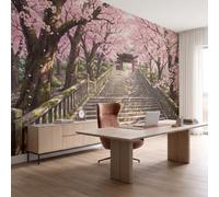 Anime Landscape Wall Mural Wallpaper, Cherry Blossoms Ancient Temple Stone Steps Panoramic Wallpaper for TV Backdrop, Large Wall Mural for Living Room Bedroom Office Decoration, 350 x 256cm (W x H)