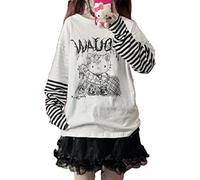 Anime Long Sleeve Shirts for Women Kawaii Shirts Patchwork Harajuku Cartoon Gothic Shirt, Black, XL