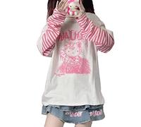 Anime Long Sleeve Shirts for Women Kawaii Shirts Patchwork Harajuku Cartoon Gothic Shirt, Pink, S
