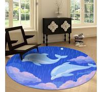 Anime Machine Washable Round Area Rug 100 cm, Cartoon Animals Blue Dolphin Printed Circular Rug Non-slip Carpet - Soft Short Pile Carpet Floor Decorate for Living Room Bedroom Playroom