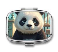 Anime Panda Face Pill Organizer Container for Travel, Metal 2 Compartment Square Pill Case, Portable Mini Medicine Box Pill Storage Case for Purse Pocket, Supplement Storage