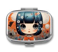 Anime Pictures Pill Box 2 Compartment, Portable Pill Case with Mirror for Pocket Purse Travel, Mini Metal Medicine Organizer for Vitamins Fish Oil