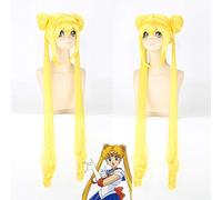 Anime Sailor Moon Long Straight Double Braids Lemon Yellow Blonde Synthetic Cosplay Wig For Halloween Party Costume PL-076
