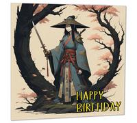 Anime Samurai Birthday Card - japanese Woman Saumarai Girl 145 x 145mm