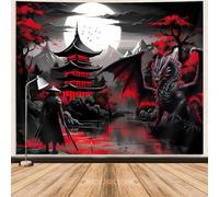 Anime Samurai Tapestry, Cool Red and Black Medieval Fantasy Dragon Tapestry Wall Hanging for Men, Mountain Forest Nature Sunset Dark Asia Japanese Tapestries Aesthetic for Living Room College, 80x60