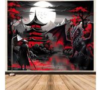 Anime Samurai Tapestry, Cool Red and Black Medieval Fantasy Dragon Tapestry Wall Hanging for Men, Mountain Forest Nature Sunset Dark Asia Japanese Tapestries Aesthetic for Living Room College, 60x40