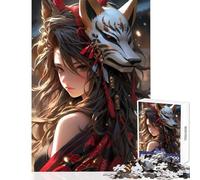 Anime Samurai Warrior Girl with Kitsune Mask Jigsaw Puzzles for Adults 1000 Pieces Improve Detailed Observation Skills Mindful Relaxing Leisure Game (38x52cm)