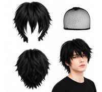 Anime Short Wig Black For Mens Women, 12 Inch/30 cm Adults Wig With Side Bangs, 70s 80s Layered Fluffy Straight Hair Wigs, Handsome Men's Costume Party Fancy Dress Wigs for Cosplay Daily Use H21HSNFJF