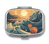 Anime Style Cat Pill Box 2 Compartment Portable Travel Pill Case with Mirror Square Metal Medicines Storage Container Pocket Medicine Box to Hold Vitamins Fish Oil