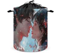 Anime Style Couple Laundry Hamper Waterproof Laundry Basket Large Circular Dirty Clothes Hamper with Handle Collapsible Washing Bin Storage Basket for Clothes And Toys 17.3 x 13.8 in