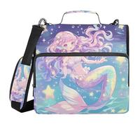 Anime-Style Cute Mermaid Stars Fantasy 3 Rings Office Binder Organizer with Handle and Removable Shoulder Strap Easy to Carry Portfolio Binder Suitable for Middle School