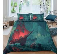 Anime Style Duvet Cover Set 3D Printed Bedding Set, Sailing Boat on The Sea at Night Quilt Cover,3 PCs - Shrink & Fade Resistant for Children Kids Boys Girls Double（200x200cm）
