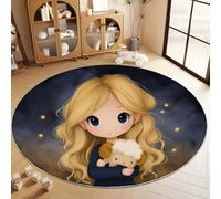 Anime Style Girl Sheep Stars Round Rugs 120 cm Area Rug Washable Moisture Barrier Round Carpet, Dark Blue Soft Non-Slip Low Pile Circle Carpet - Entryway Office Bedroom Living Room Runner