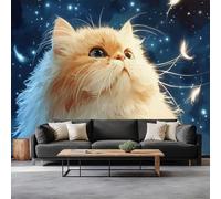 Anime Style Starry Sky Persian Cat Wallpaper Bedroom Kids Boys 3D Wallpaper Mural, Blue Kids Teens Room Poster Photo Wall Mural Themed Room Playroom 450 x 315 cm