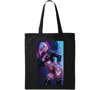 Anime Style Vaporwave Futuristic Science Fiction Pin Up Girl Natural Ecological Cotton Tote Bag Black