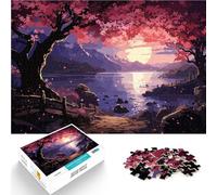 Anime Sunset Sakura LakeAdults Puzzles 1000 Piece Jigsaws Family Game for and with Fully Interlocking Randomly Shaped Pieces 38x26cm