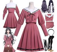 Anime The Fragrant Flower Blooms with Dignity Waguri Kaoruko Cosplay Costume Outfit Role Play Uniform Full Set Halloween Party Carnival Dress Up Suit with Wig for Women (Pink, XXXL)