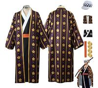 Anime Trafalgar D Water Law Cosplay Costume Outfit One Piece Wano Kuni Country Kimono Full Set Halloween Carnival Uniform Dress Up Suit with Earrings Hat for Men Boys (S)