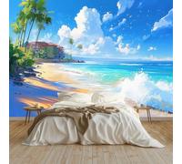 Anime Tropical Beach Villa Coconut Trees Wall Mural Multicolor 400 x 280 cm - Premium Non-Woven Large Photo Wallpaper for Teenage Boys Bedroom, Living Room, Office Feature Wall Decoration