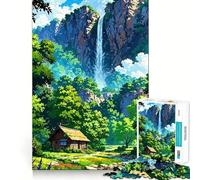 Anime Waterfall Cabin Landscape 1000 Pieces Puzzles for Teenagers Calm Game Sharp Detail Fun Challenge Night Play (50x75cm)