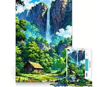 Anime Waterfall Cabin Landscape Teenagers 1000 Piece Jigsaw Puzzle Brain Skill Quality Print Pattern Build Ideal Decor (38x52cm)