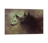 Anime Wolf Poster, Two Wolves Art Print, Dark Green And Black Animal Painting, Home Decor Wall Art for Living Room Bedroom Office, Gift for Wolf Lovers Frame-16x24inch(40x60cm)
