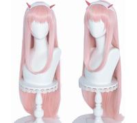Anime Zero Two Cosplay Pink Wig Pastel for Women Long Straight Hot Pink with Headwear