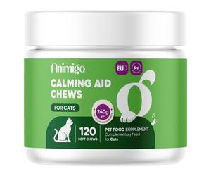 animigo Cat Calming Treats - 120 Soft Chews - For Home Alone Time, Hyperactivity, Car Rides & Loud Noises - Calming Cat Treats with Ashwagandha, Lemon Balm & L-Taurine - Dairy-Free & Lactose-Free
