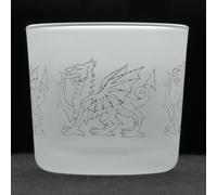 Animo Glass Votive Tea Light Candle Holder, Frosted Etched Glass with Welsh Dragon Outline Design - Clear Tealight Candleholder Birthday Gift - Wales Home Decor Y Ddraig Goch