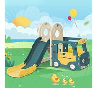 ANIROY Children's Slide, 4-in-1 Kids Slide Set including Bus, Slide, Activity Ladder, Basketball Hoop and Matching Basketball