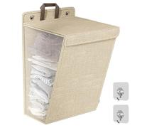 ANIROY Foldable Laundry Basket with Lid and Handle, Wall Hanging Laundry Basket, Breathable Laundry Organiser, Installation-Free Dirty Clothes Basket (Beige)