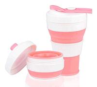 AniSqui Collapsible Coffee Cup with Lids, 16oz 450ml, BPA Free (Pink) | Mouth With Thread, Silicone Foldable Mugs Collapsible, Portable Coffee Cup