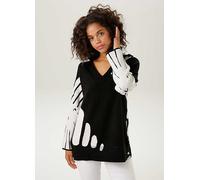 Aniston Hooded Knitted V-Neck Sweater Black Print