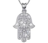 Aniu 925 Sterling Silver Necklace for Women, Hamsa Hand Pendant, Evil Eye Necklaces, Fatima Pendant with Cubic Zirconia, Good Luck Jewellery Gift for Women Girls Comes with Black Jewellery Gift Box