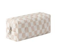 Aniute Cute Floral Cotton Pencil Case Large Capacity Pen Pouch Portable Stationery Organizer for Girls Students Soft Travel Cosmetic Bag (Checkered Khaki)