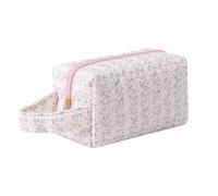 Aniute Cute Floral Quilted Pencil Case with Handle, Large Capacity Cotton Pen Pouch Portable Stationery Organizer for Girls Students Soft Travel Cosmetic Bag (Pink flowers)